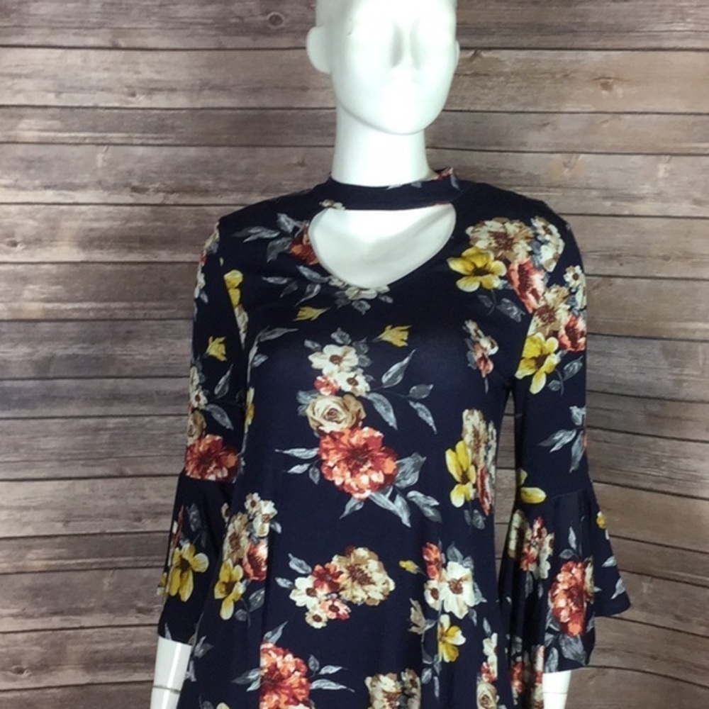 MTS Boho Dark floral choker mini dress ruffle sleeve Small pullover flowy - Picture 3 of 6